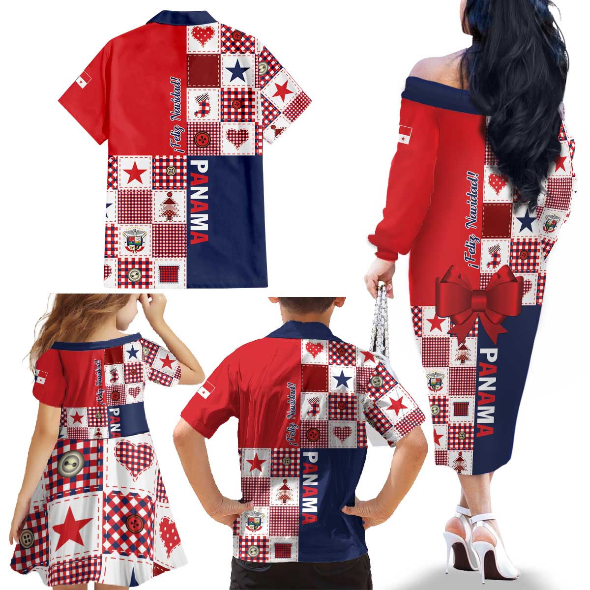 Panama Christmas Feliz Navidad Family Matching Off The Shoulder Long Sleeve Dress and Hawaiian Shirt Coquette Bow Style - Wonder Print Shop