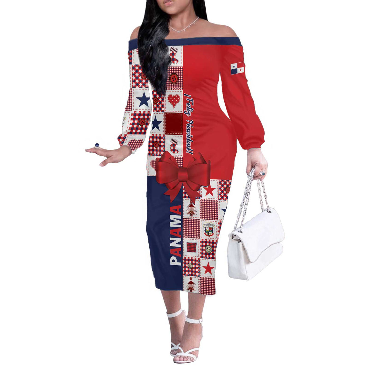 Panama Christmas Feliz Navidad Off The Shoulder Long Sleeve Dress Coquette Bow Style - Wonder Print Shop