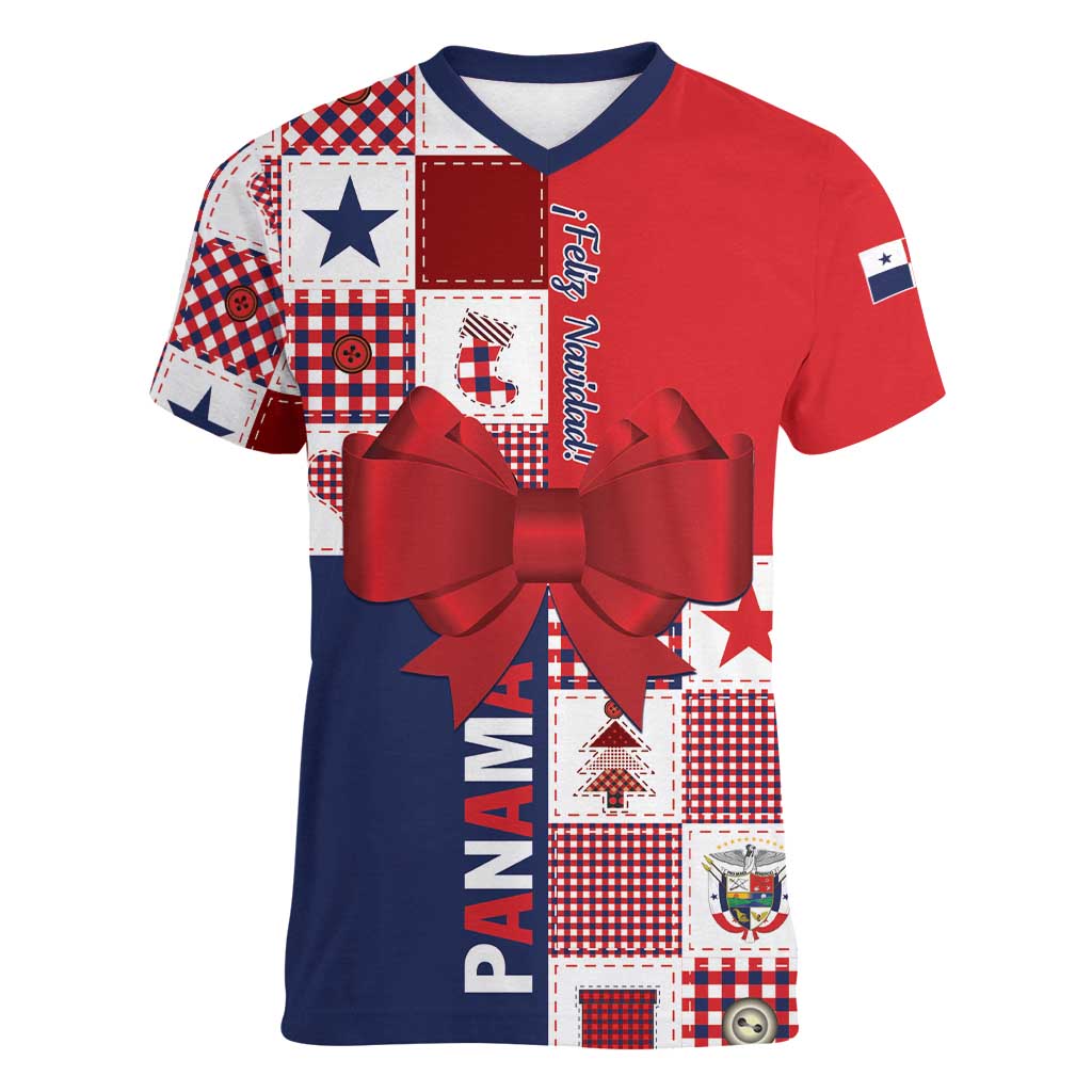 Panama Christmas Feliz Navidad Women V-Neck T-Shirt Coquette Bow Style - Wonder Print Shop