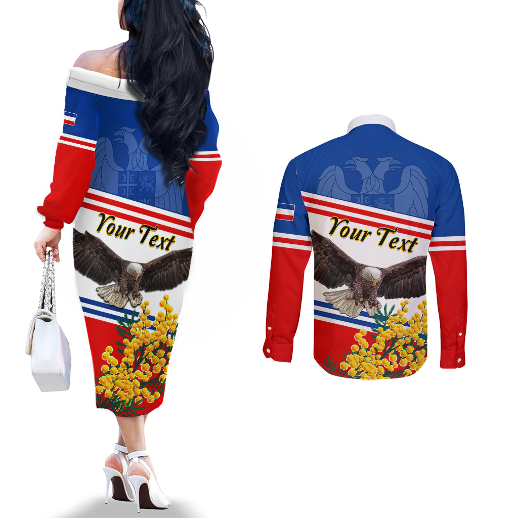 Serbia and Montenegro National Day Couples Matching Off The Shoulder Long Sleeve Dress and Long Sleeve Button Shirt Eagle With Mimosa Flower