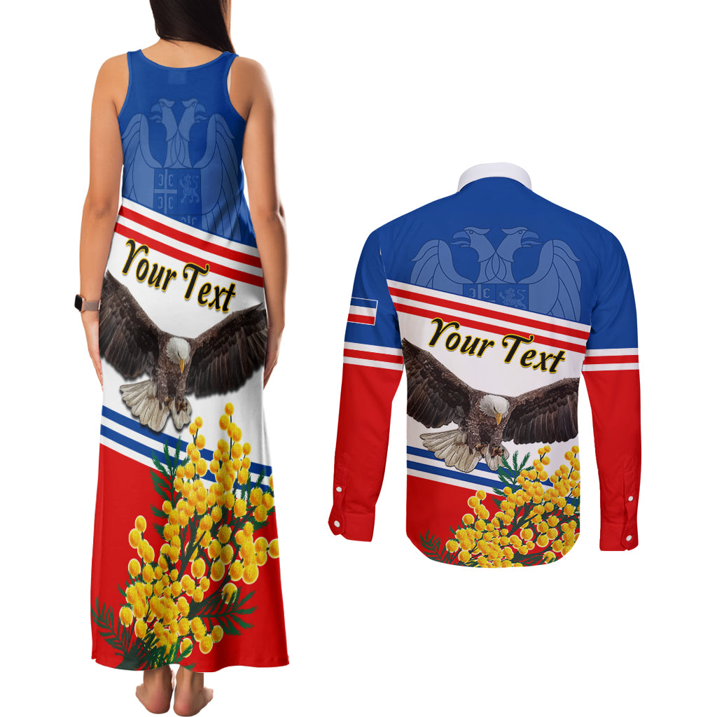 Serbia and Montenegro National Day Couples Matching Tank Maxi Dress and Long Sleeve Button Shirt Eagle With Mimosa Flower - Wonder Print Shop
