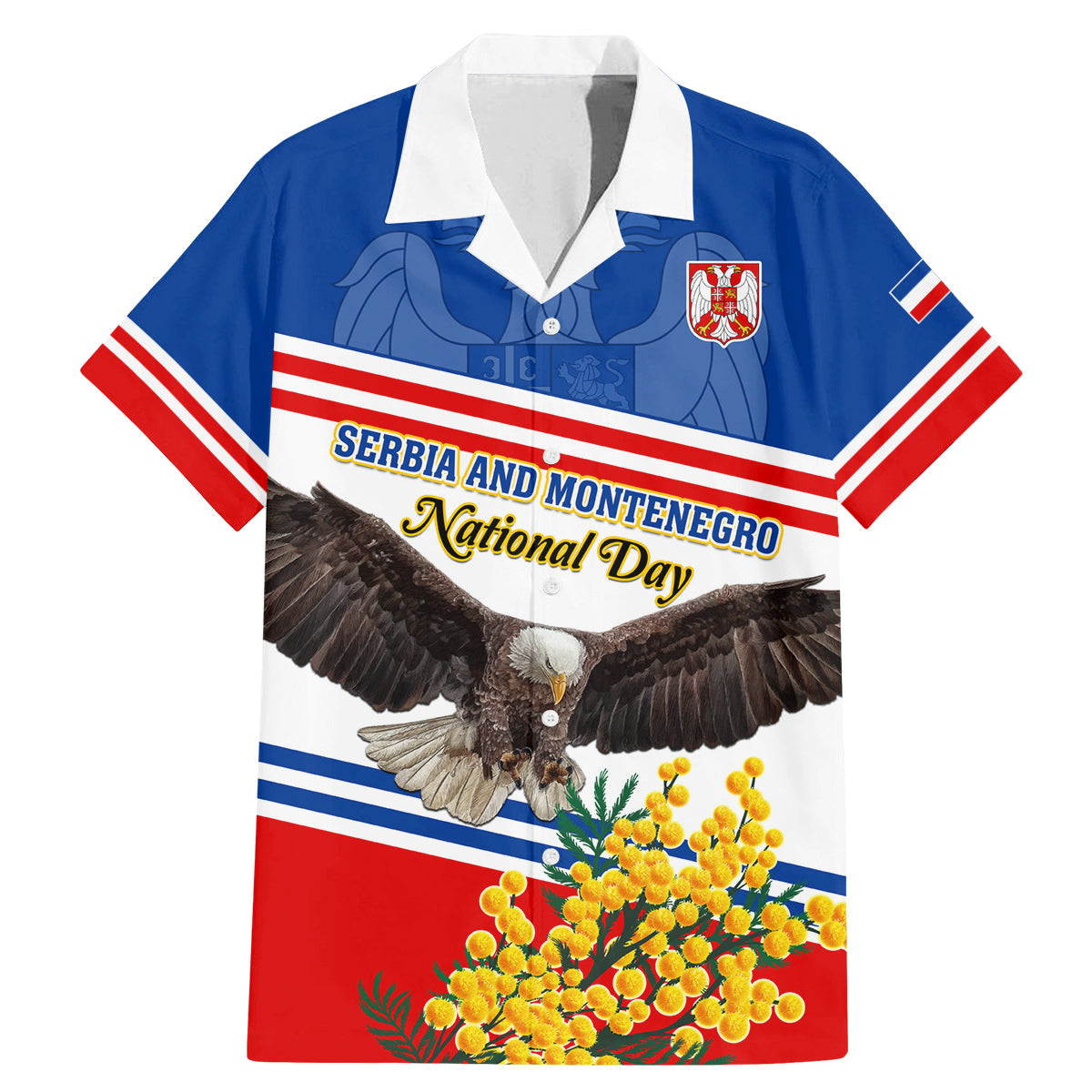 Serbia and Montenegro National Day Family Matching Mermaid Dress and Hawaiian Shirt Eagle With Mimosa Flower - Wonder Print Shop