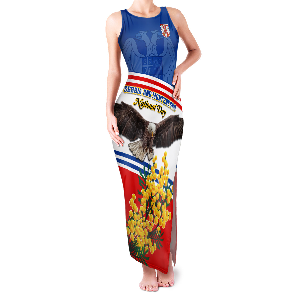 Serbia and Montenegro National Day Family Matching Tank Maxi Dress and Hawaiian Shirt Eagle With Mimosa Flower - Wonder Print Shop