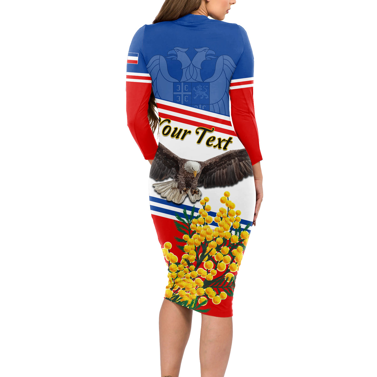 Serbia and Montenegro National Day Long Sleeve Bodycon Dress Eagle With Mimosa Flower - Wonder Print Shop