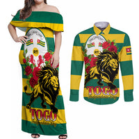 Togo Independence Day Couples Matching Off Shoulder Maxi Dress and Long Sleeve Button Shirt Lion With Rosa Flag Style - Wonder Print Shop