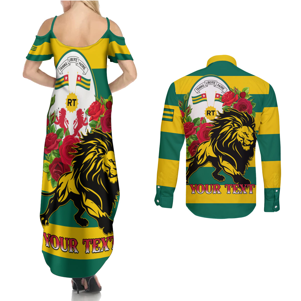 Togo Independence Day Couples Matching Summer Maxi Dress and Long Sleeve Button Shirt Lion With Rosa Flag Style - Wonder Print Shop