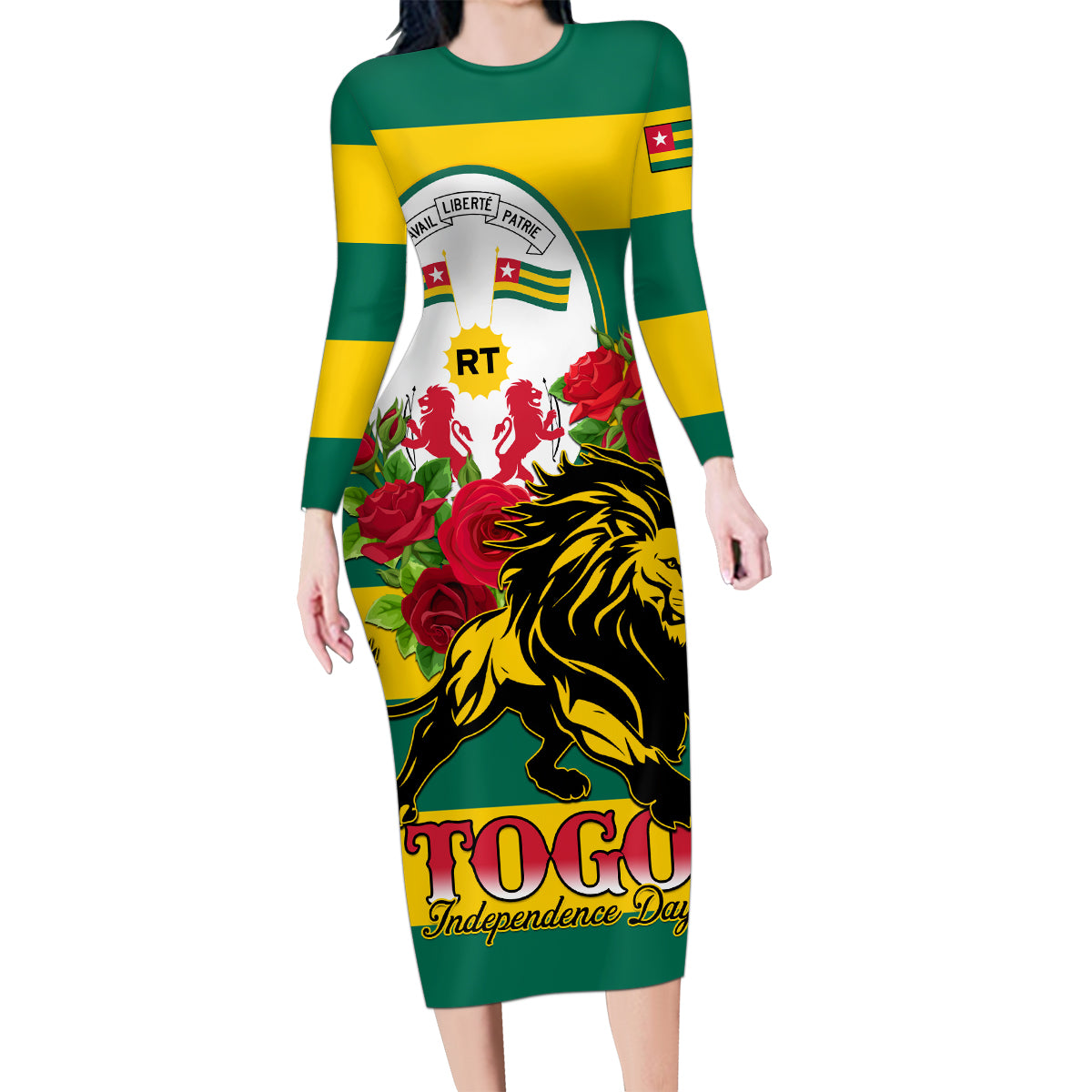 Togo Independence Day Family Matching Long Sleeve Bodycon Dress and Hawaiian Shirt Lion With Rosa Flag Style - Wonder Print Shop