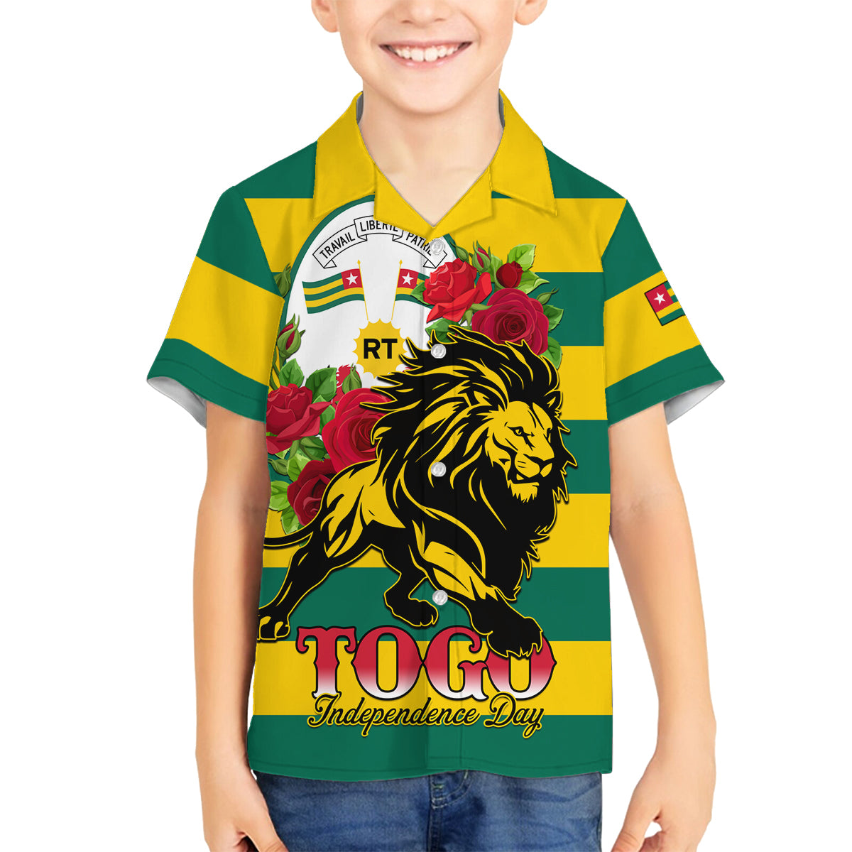 Togo Independence Day Family Matching Long Sleeve Bodycon Dress and Hawaiian Shirt Lion With Rosa Flag Style - Wonder Print Shop