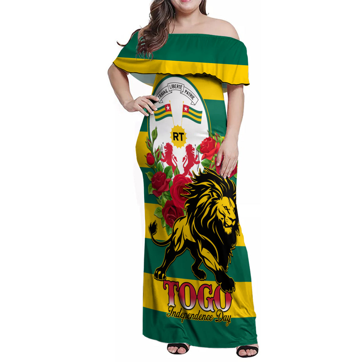 Togo Independence Day Family Matching Off Shoulder Maxi Dress and Hawaiian Shirt Lion With Rosa Flag Style - Wonder Print Shop