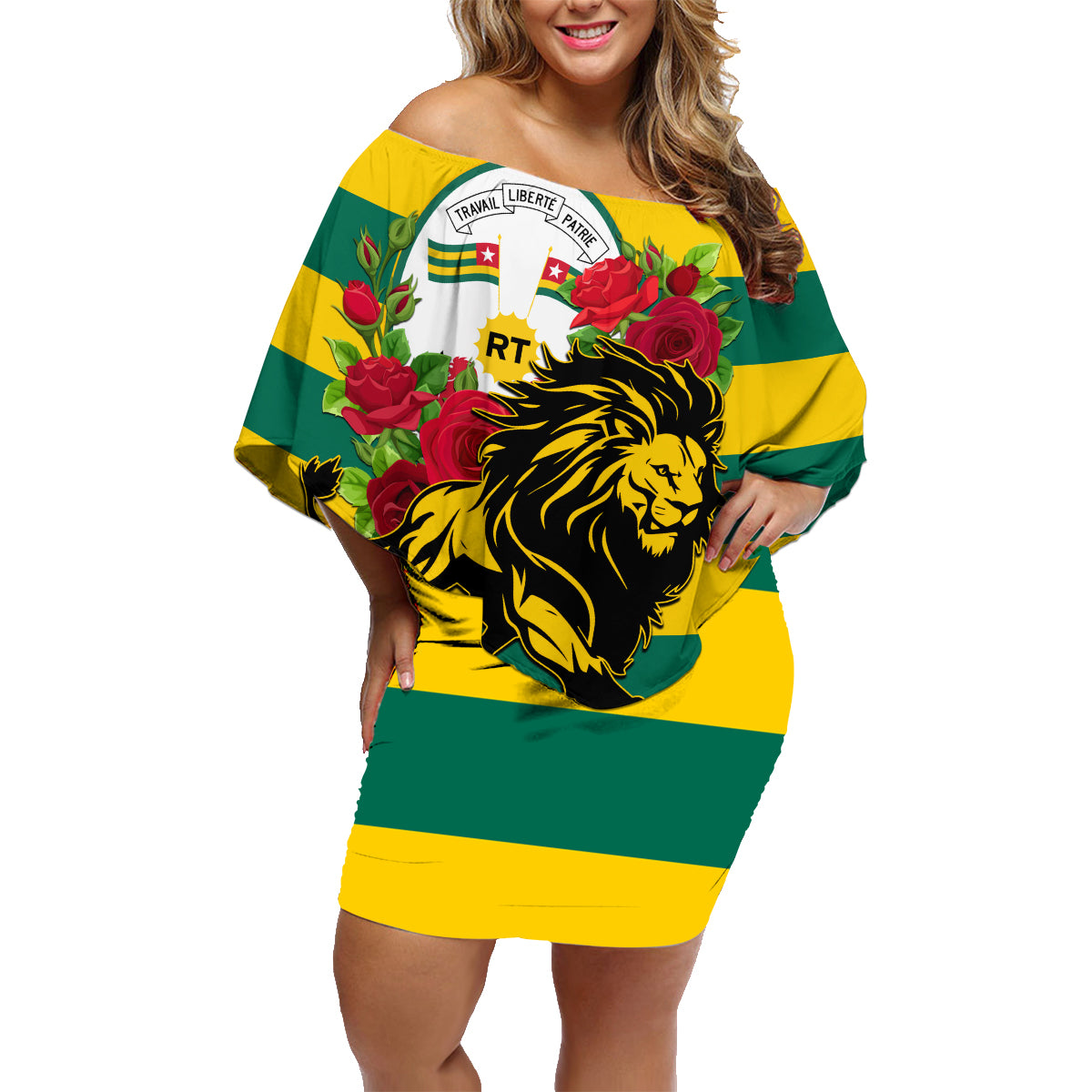 Togo Independence Day Family Matching Off Shoulder Short Dress and Hawaiian Shirt Lion With Rosa Flag Style - Wonder Print Shop