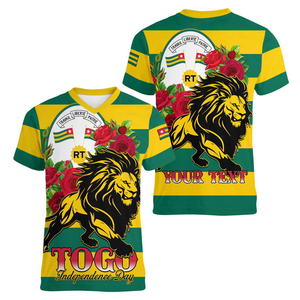 Togo Independence Day Women V Neck T Shirt Lion With Rosa Flag Style - Wonder Print Shop