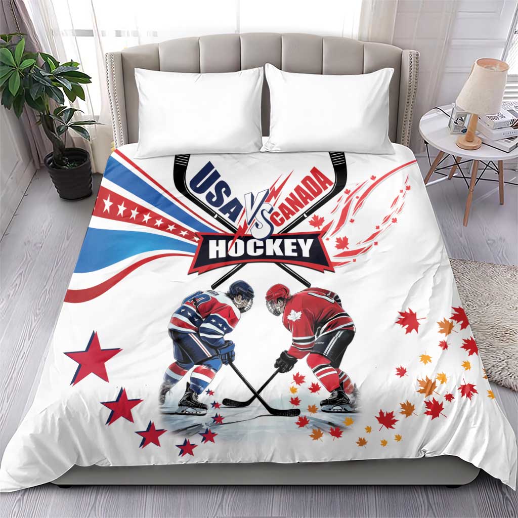 USA vs Canada Ice Hockey Face Off Bedding Set Stars Maple Leaf