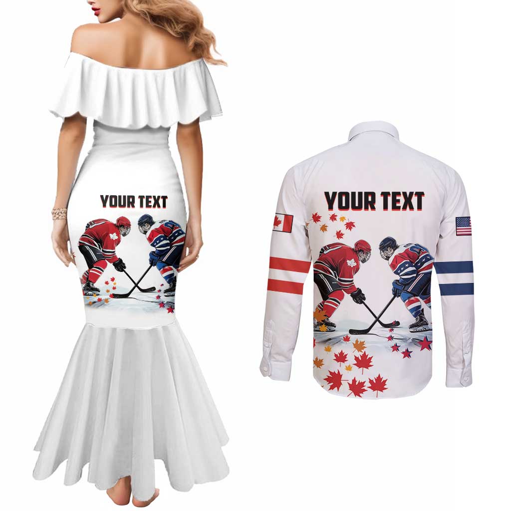 Custom USA vs Canada Ice Hockey Face Off Couples Matching Mermaid Dress and Long Sleeve Button Shirt Stars Maple Leaf