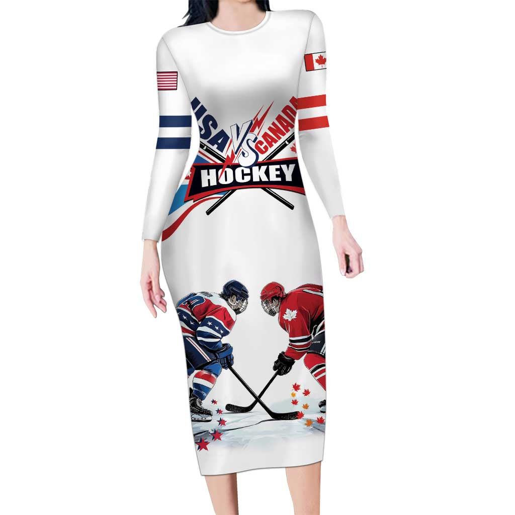 Custom USA vs Canada Ice Hockey Face Off Family Matching Long Sleeve Bodycon Dress and Hawaiian Shirt Stars Maple Leaf