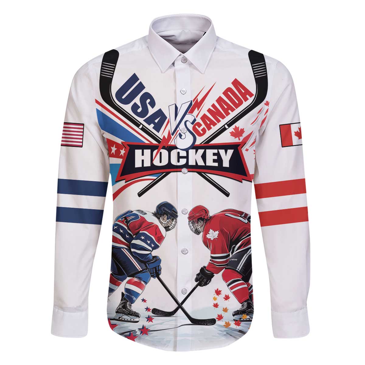 Custom USA vs Canada Ice Hockey Face Off Family Matching Off The Shoulder Long Sleeve Dress and Hawaiian Shirt Stars Maple Leaf