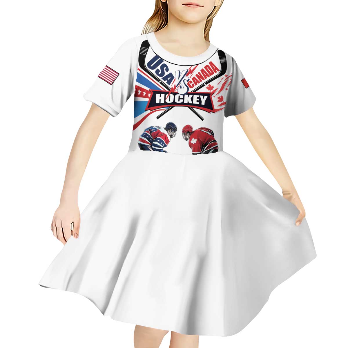 Custom USA vs Canada Ice Hockey Face Off Kid Short Sleeve Dress Stars Maple Leaf