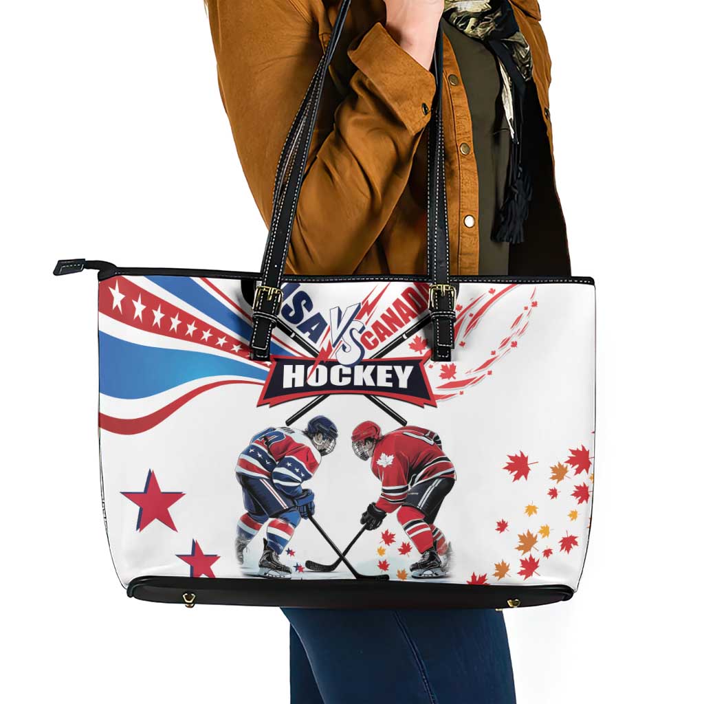 USA vs Canada Ice Hockey Face Off Leather Tote Bag Stars Maple Leaf