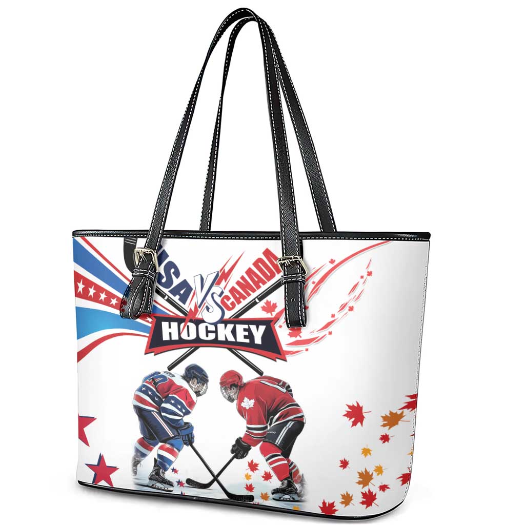 USA vs Canada Ice Hockey Face Off Leather Tote Bag Stars Maple Leaf