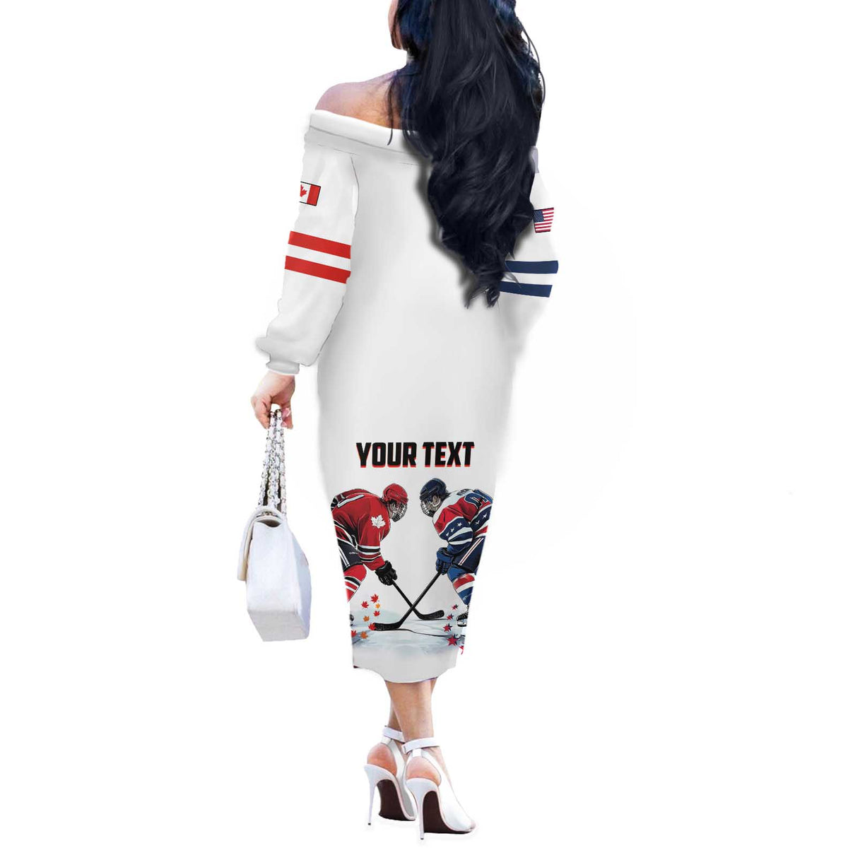 Custom USA vs Canada Ice Hockey Face Off Off The Shoulder Long Sleeve Dress Stars Maple Leaf