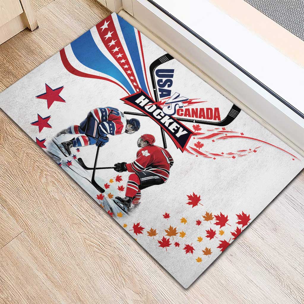 USA vs Canada Ice Hockey Face Off Rubber Doormat Stars Maple Leaf