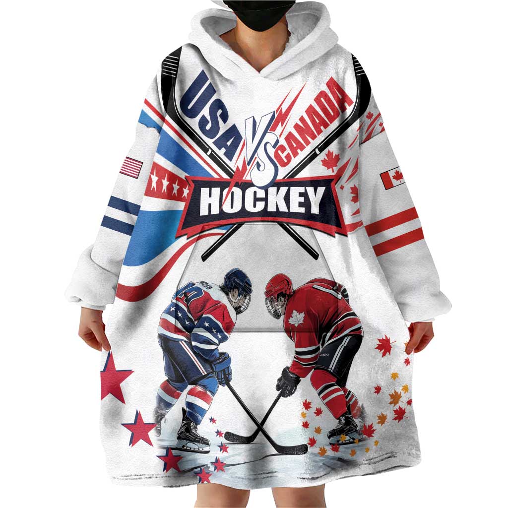 Custom USA vs Canada Ice Hockey Face Off Wearable Blanket Hoodie Stars Maple Leaf