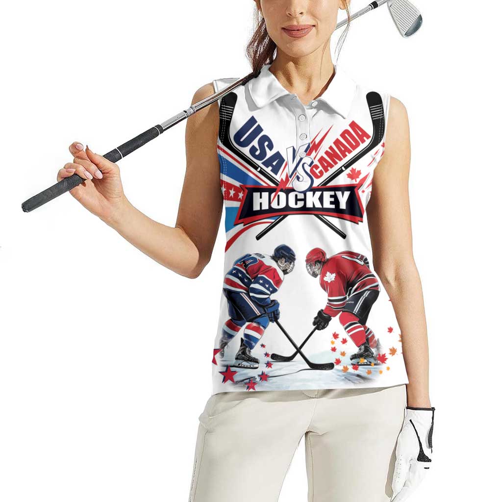 Custom USA vs Canada Ice Hockey Face Off Women Sleeveless Polo Shirt Stars Maple Leaf