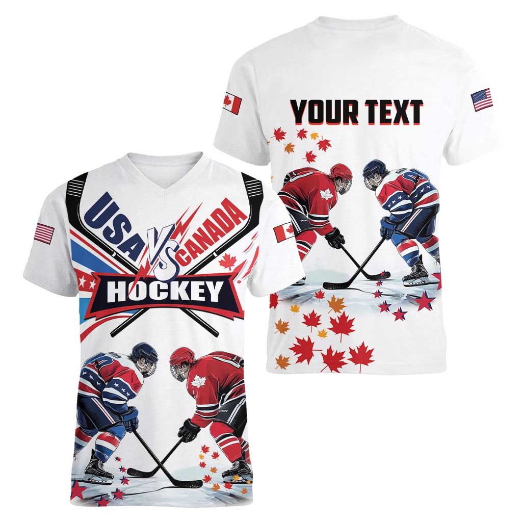 Custom USA vs Canada Ice Hockey Face Off Women V-Neck T-Shirt Stars Maple Leaf