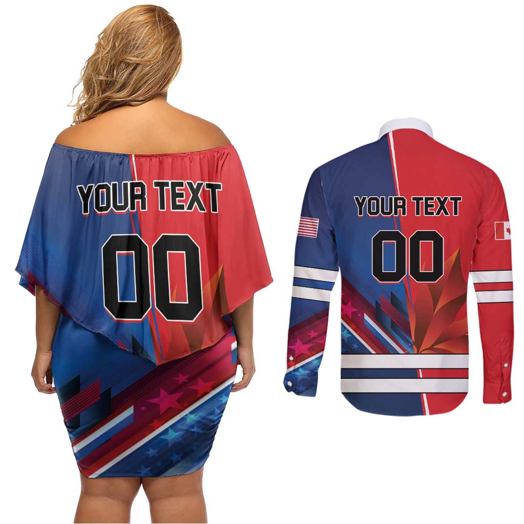 Custom USA vs Canada Ice Hockey Face Off Couples Matching Off Shoulder Short Dress and Long Sleeve Button Shirt Hockey Championship