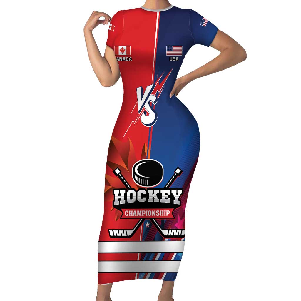 Custom USA vs Canada Ice Hockey Face Off Family Matching Short Sleeve Bodycon Dress and Hawaiian Shirt Hockey Championship