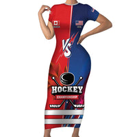 Custom USA vs Canada Ice Hockey Face Off Family Matching Short Sleeve Bodycon Dress and Hawaiian Shirt Hockey Championship