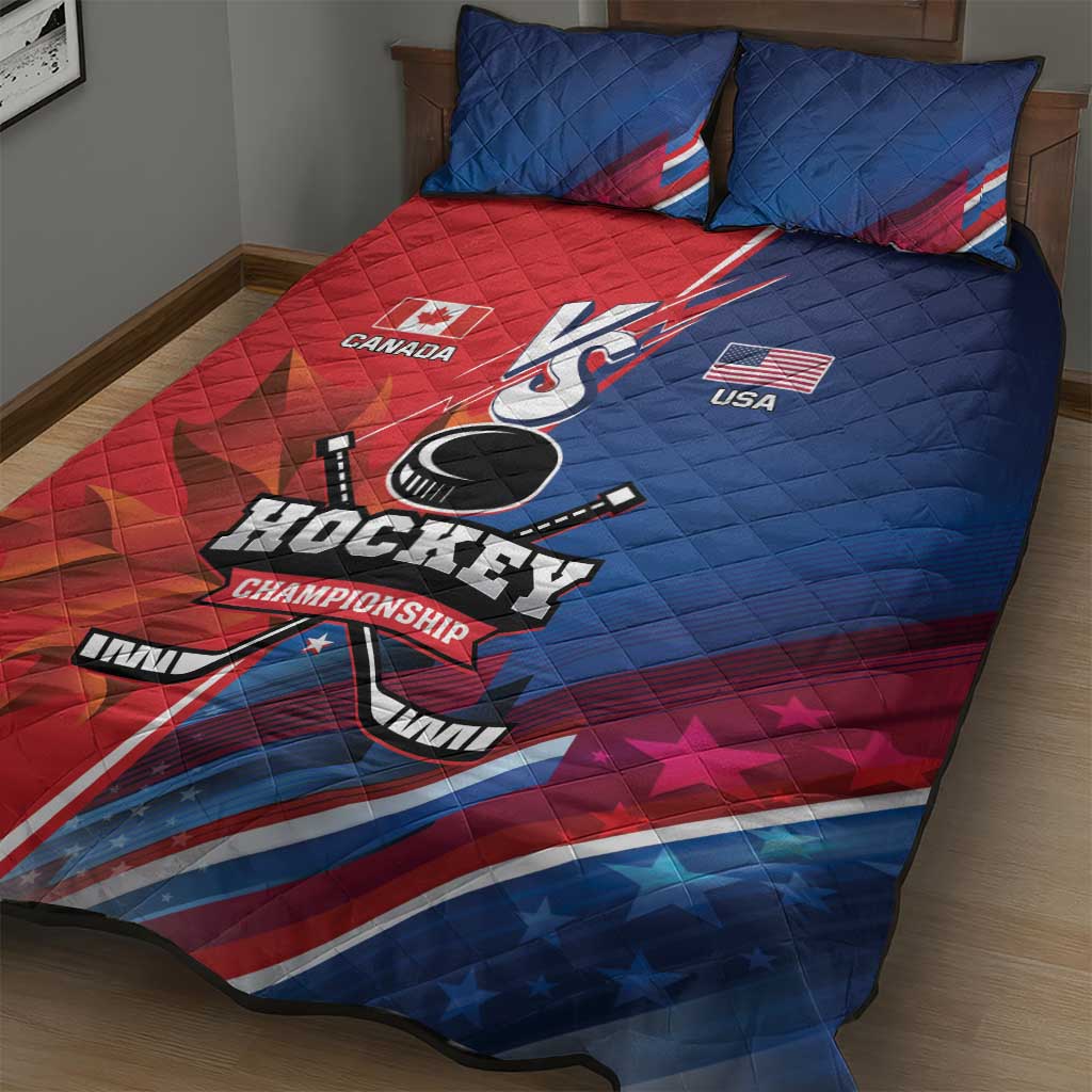 USA vs Canada Ice Hockey Face Off Quilt Bed Set Hockey Championship