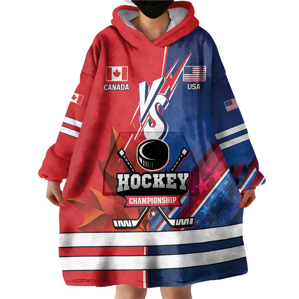 Custom USA vs Canada Ice Hockey Face Off Wearable Blanket Hoodie Hockey Championship