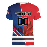 Custom USA vs Canada Ice Hockey Face Off Women V-Neck T-Shirt Hockey Championship