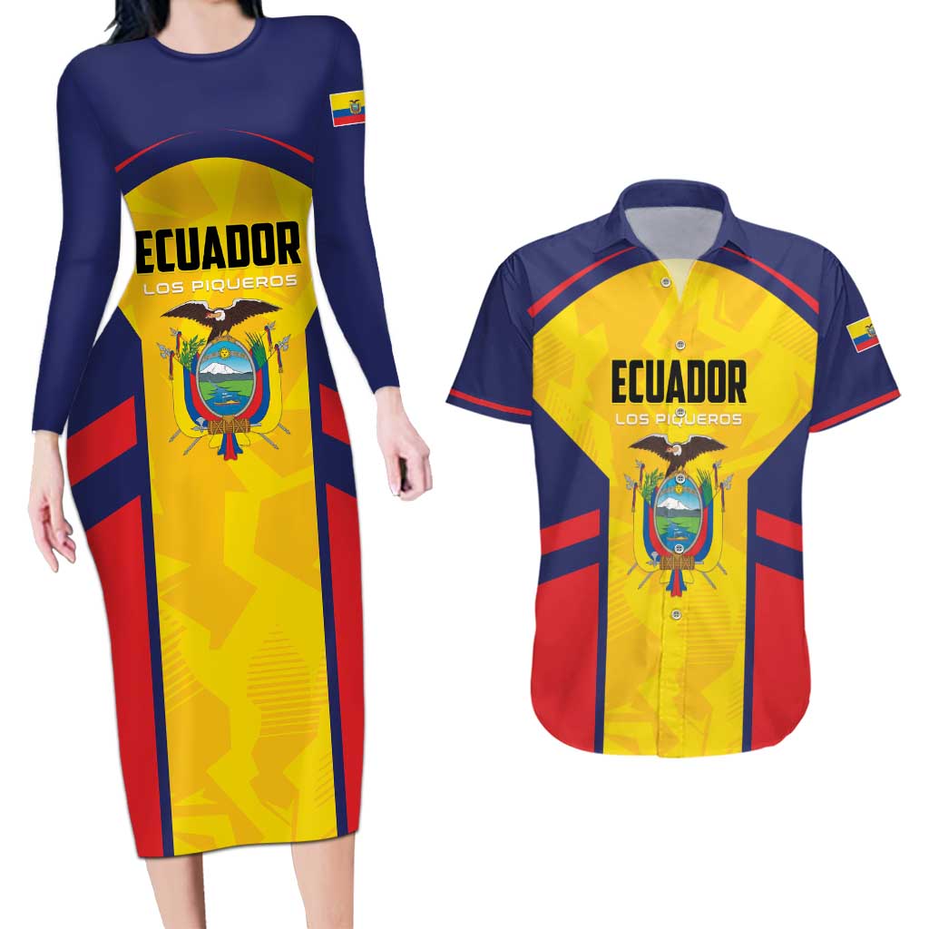 Custom Ecuador Rugby Couples Matching Long Sleeve Bodycon Dress and Hawaiian Shirt Los Piqueros Go Champions