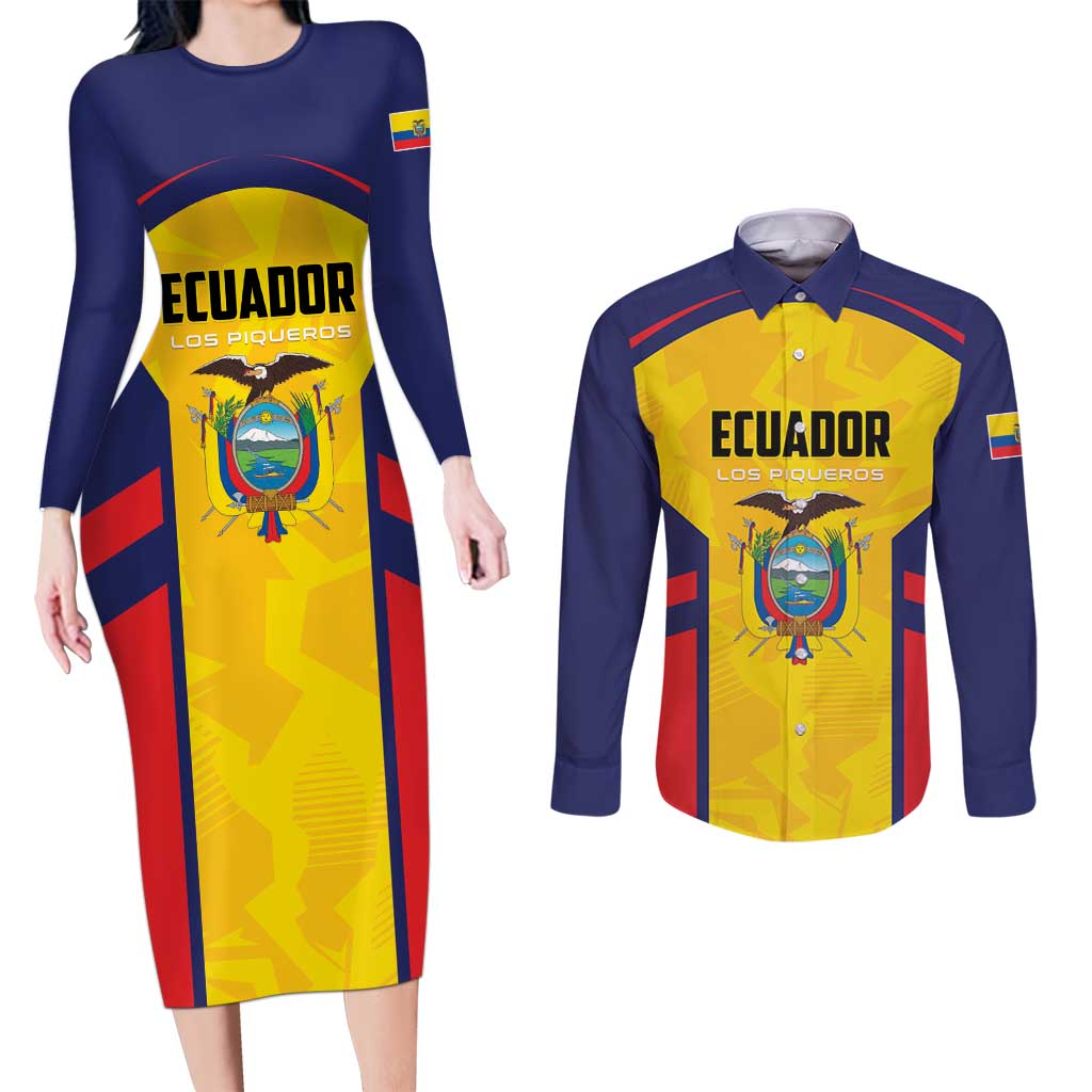 Custom Ecuador Rugby Couples Matching Long Sleeve Bodycon Dress and Long Sleeve Button Shirt Los Piqueros Go Champions