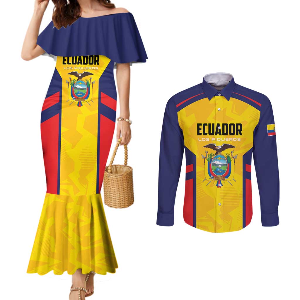 Custom Ecuador Rugby Couples Matching Mermaid Dress and Long Sleeve Button Shirt Los Piqueros Go Champions
