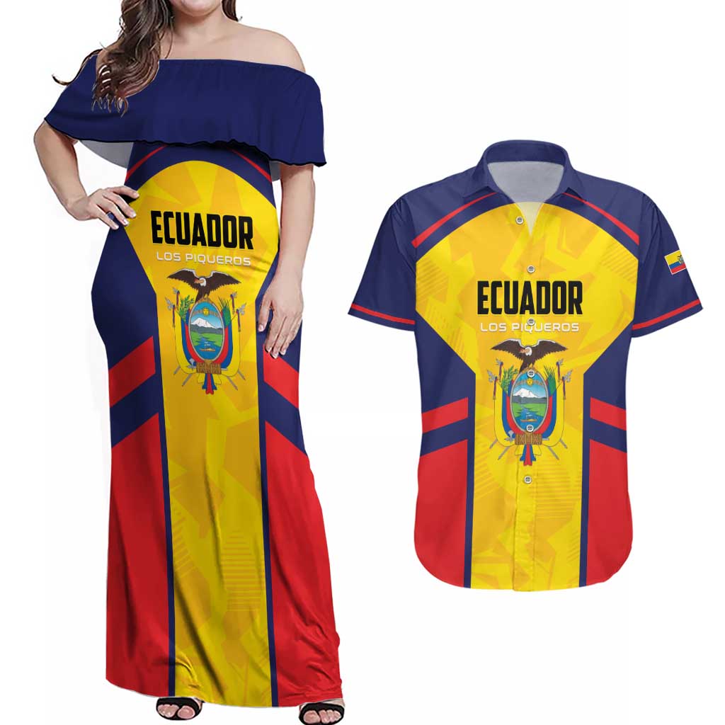 Custom Ecuador Rugby Couples Matching Off Shoulder Maxi Dress and Hawaiian Shirt Los Piqueros Go Champions