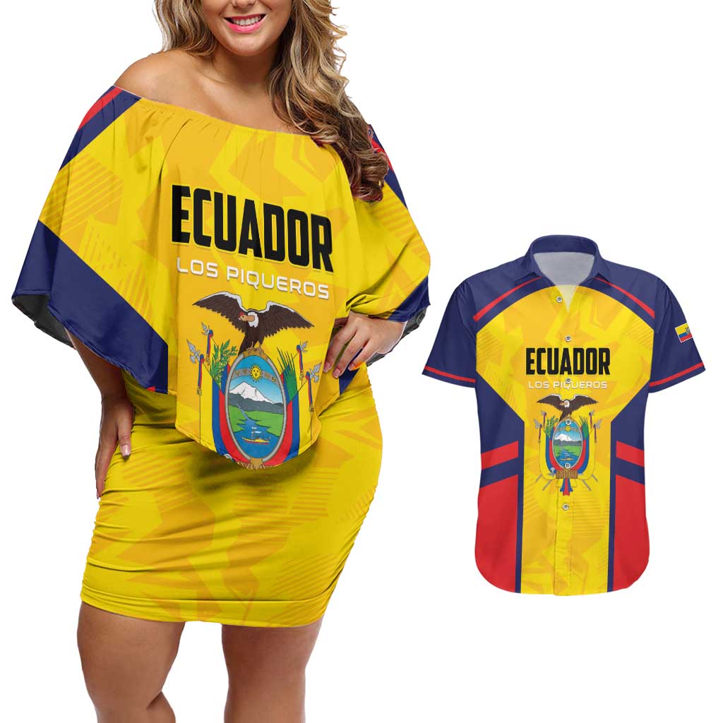 Custom Ecuador Rugby Couples Matching Off Shoulder Short Dress and Hawaiian Shirt Los Piqueros Go Champions