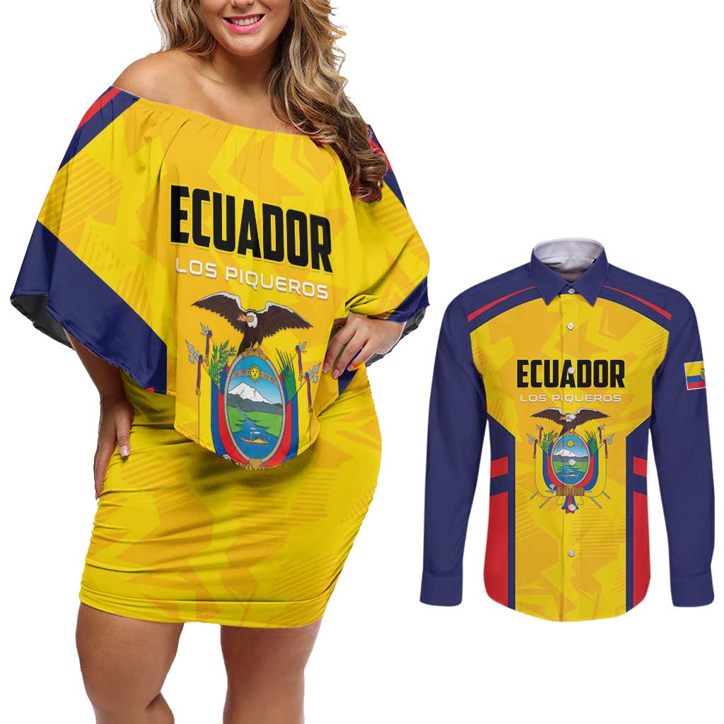 Custom Ecuador Rugby Couples Matching Off Shoulder Short Dress and Long Sleeve Button Shirt Los Piqueros Go Champions