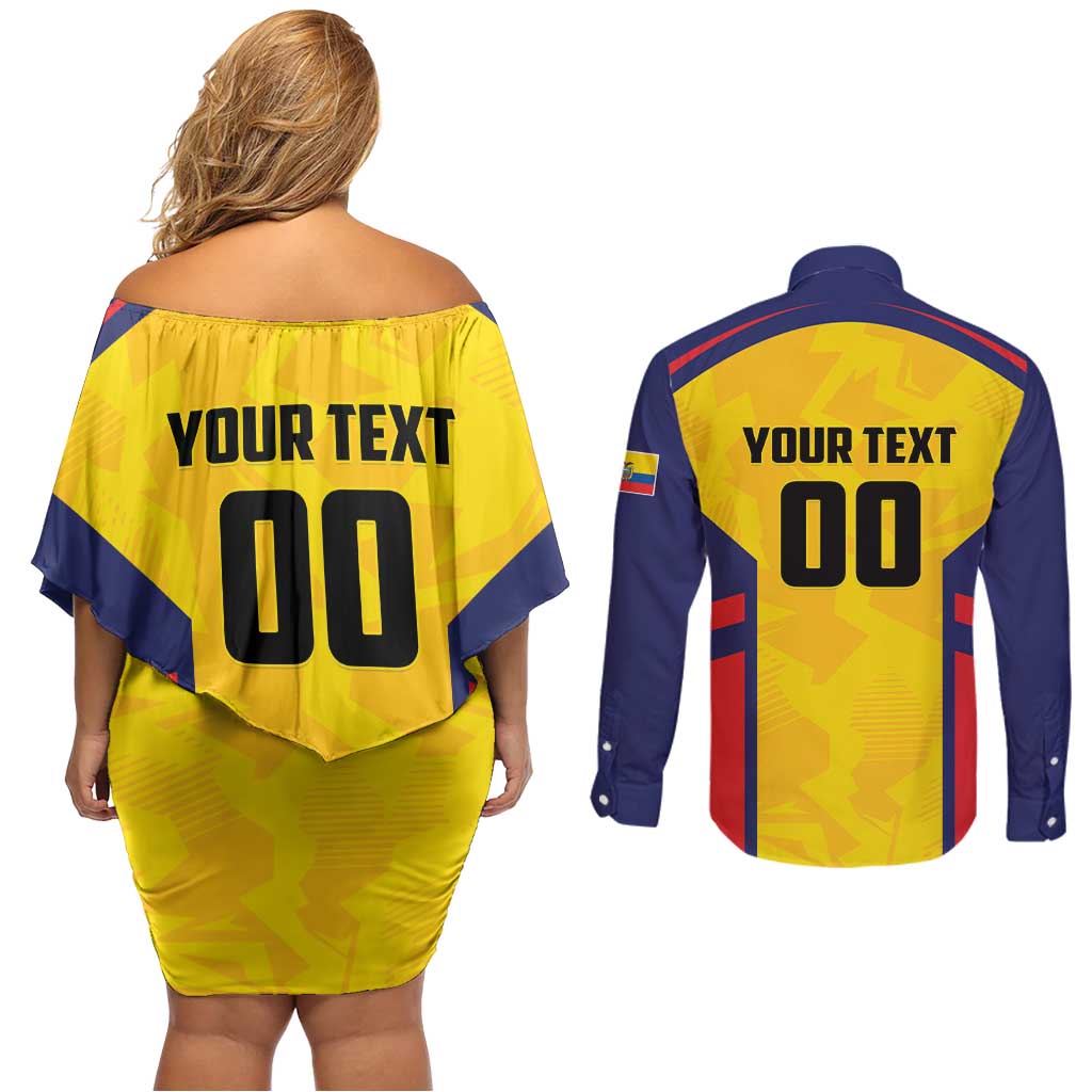 Custom Ecuador Rugby Couples Matching Off Shoulder Short Dress and Long Sleeve Button Shirt Los Piqueros Go Champions