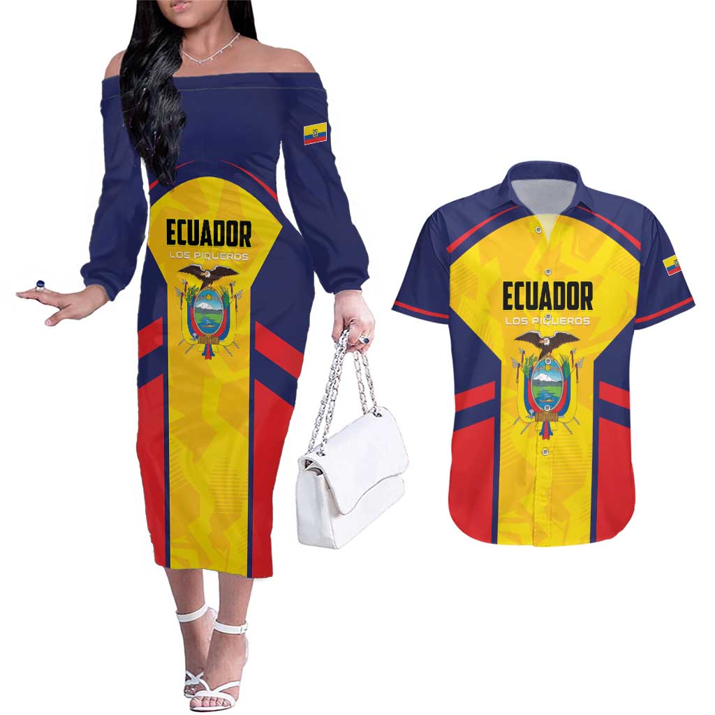 Custom Ecuador Rugby Couples Matching Off The Shoulder Long Sleeve Dress and Hawaiian Shirt Los Piqueros Go Champions