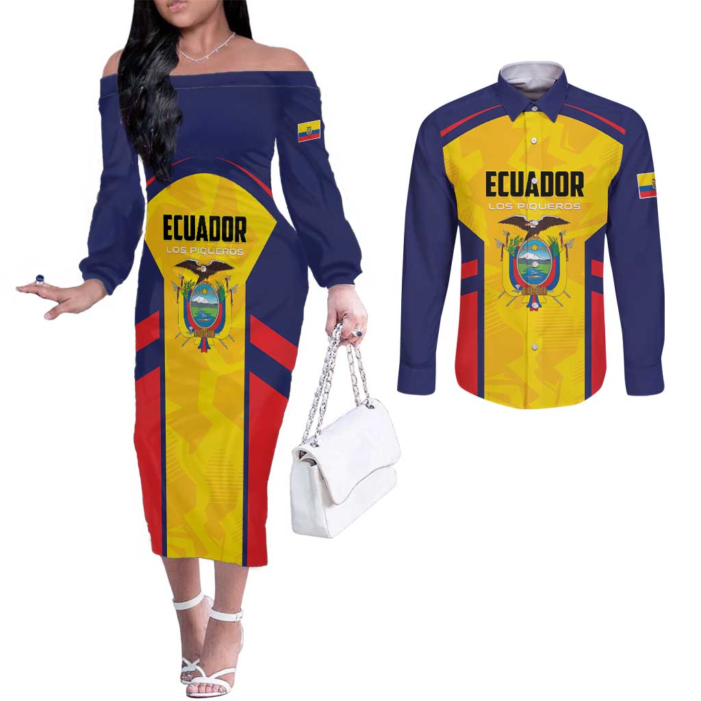 Custom Ecuador Rugby Couples Matching Off The Shoulder Long Sleeve Dress and Long Sleeve Button Shirt Los Piqueros Go Champions