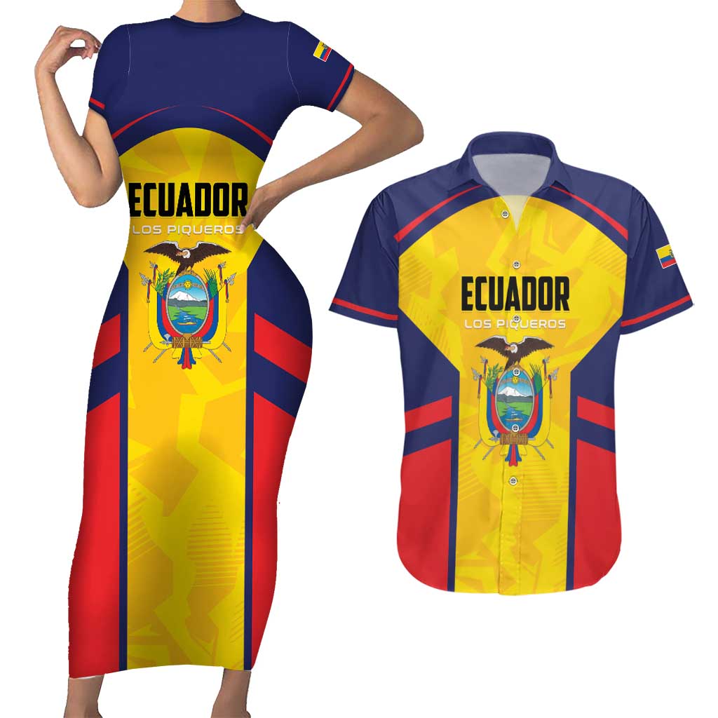 Custom Ecuador Rugby Couples Matching Short Sleeve Bodycon Dress and Hawaiian Shirt Los Piqueros Go Champions