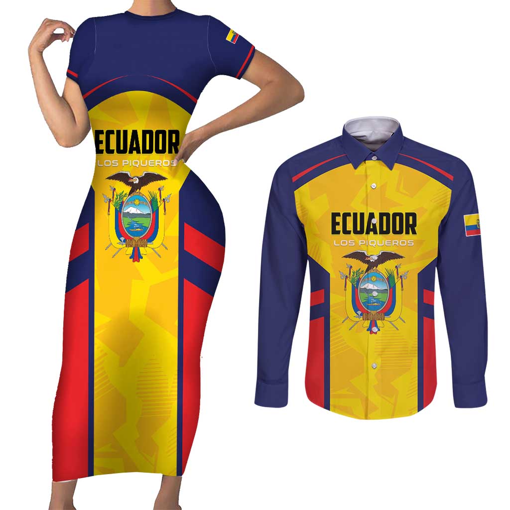 Custom Ecuador Rugby Couples Matching Short Sleeve Bodycon Dress and Long Sleeve Button Shirt Los Piqueros Go Champions