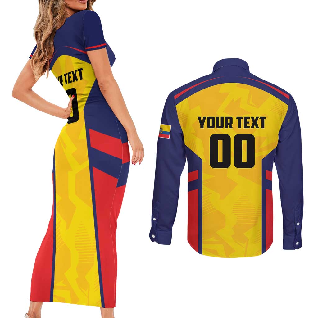 Custom Ecuador Rugby Couples Matching Short Sleeve Bodycon Dress and Long Sleeve Button Shirt Los Piqueros Go Champions