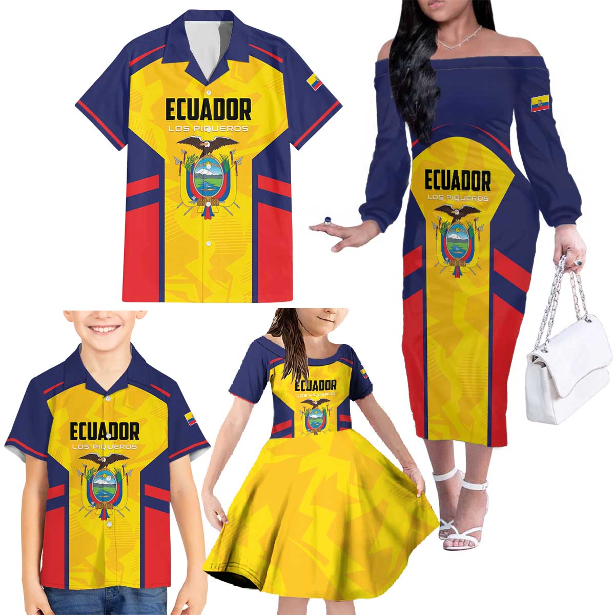 Custom Ecuador Rugby Family Matching Off The Shoulder Long Sleeve Dress and Hawaiian Shirt Los Piqueros Go Champions