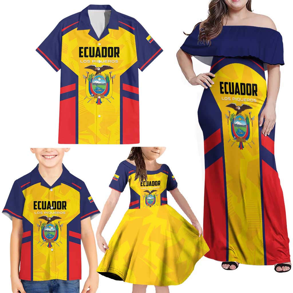Custom Ecuador Rugby Family Matching Off Shoulder Maxi Dress and Hawaiian Shirt Los Piqueros Go Champions