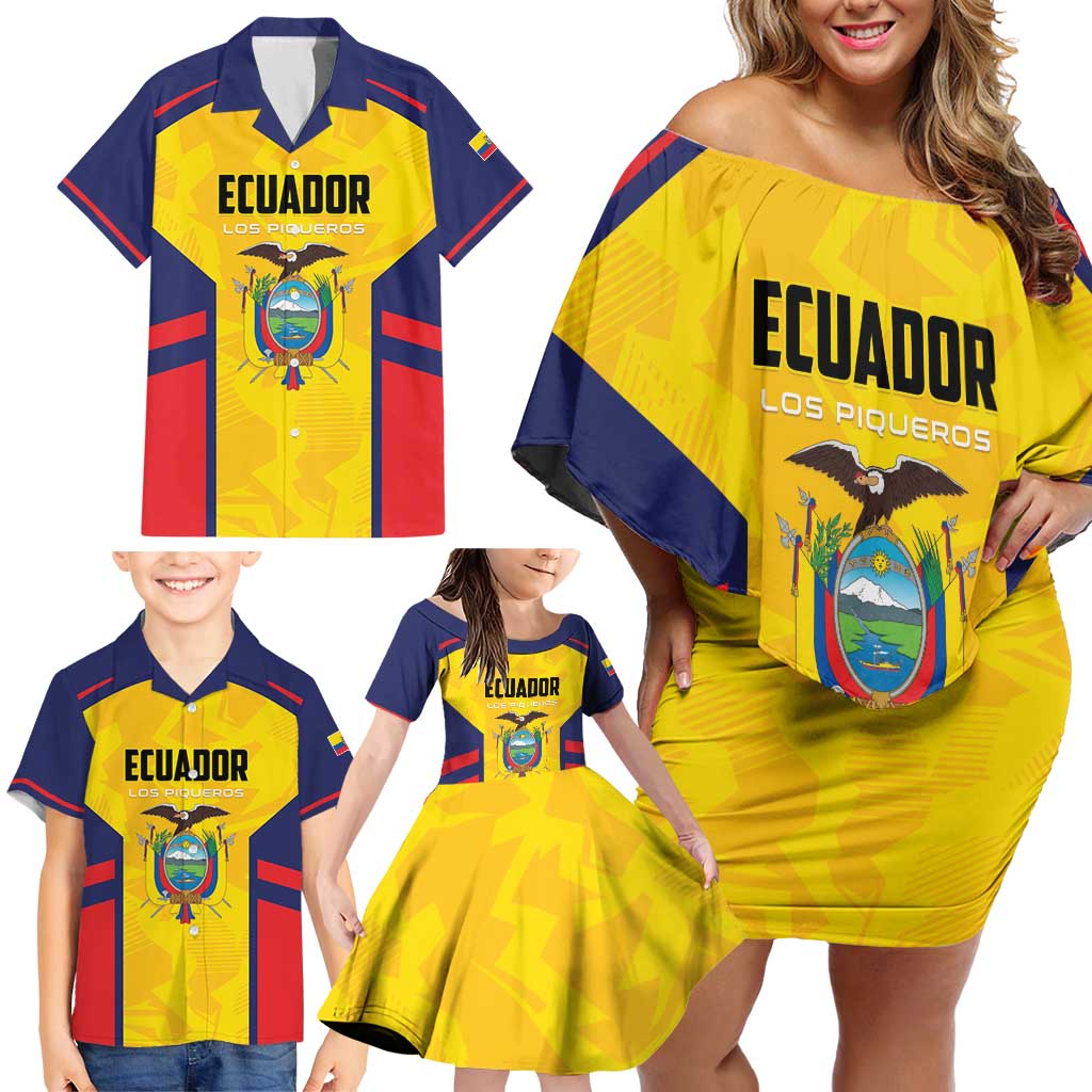 Custom Ecuador Rugby Family Matching Off Shoulder Short Dress and Hawaiian Shirt Los Piqueros Go Champions