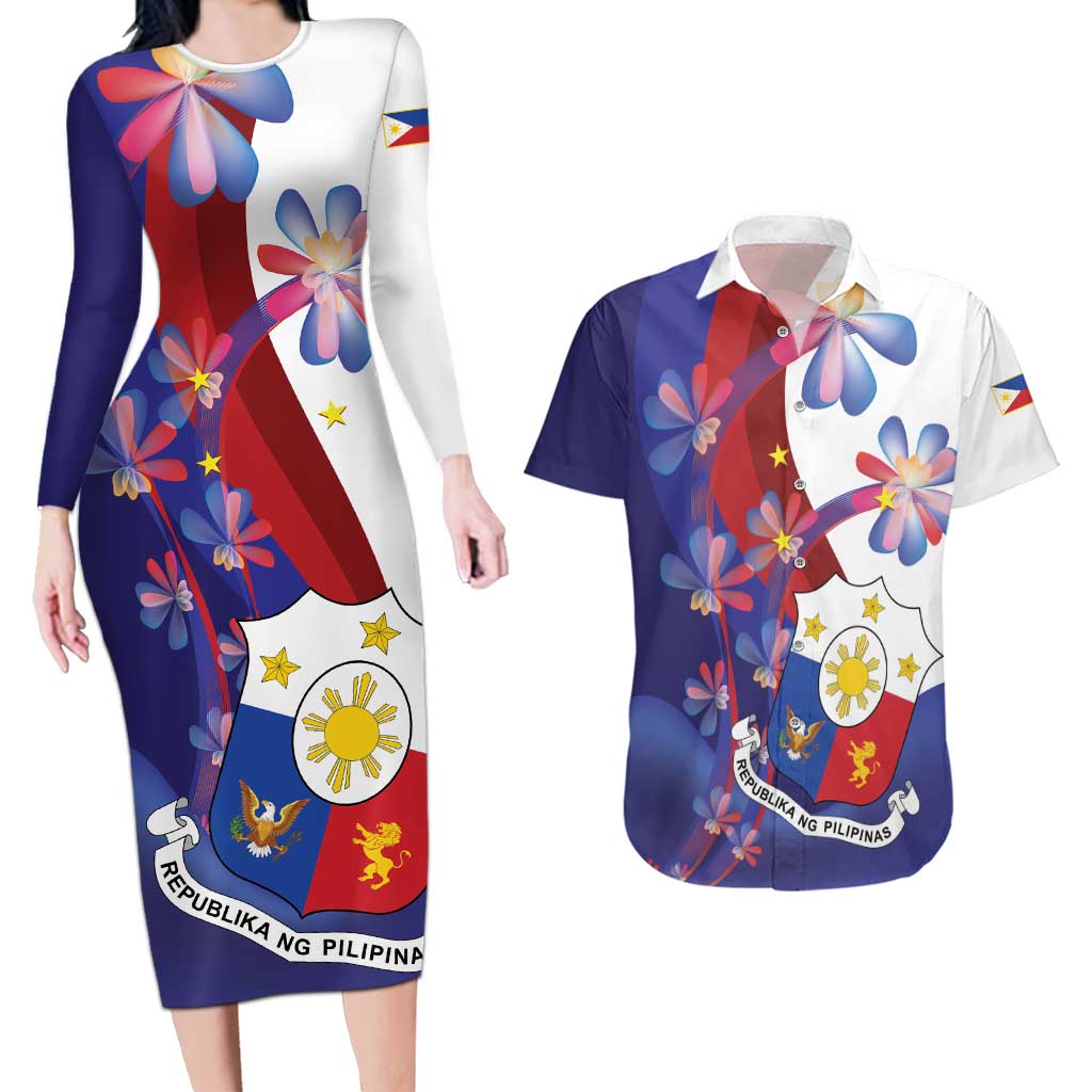 Philippines Sun Plumeria Floral Couples Matching Long Sleeve Bodycon Dress and Hawaiian Shirt Unique Stylized