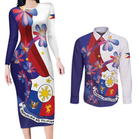 Philippines Sun Plumeria Floral Couples Matching Long Sleeve Bodycon Dress and Long Sleeve Button Shirt Unique Stylized